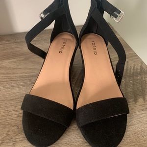Black Faux Suede Ankle Strap Demi Wedge (9 WW)
